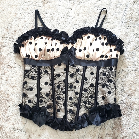 Small Beige Black Lace Polka Dot Corset Bustier Waist Trainer NWOT - Picture 1 of 11